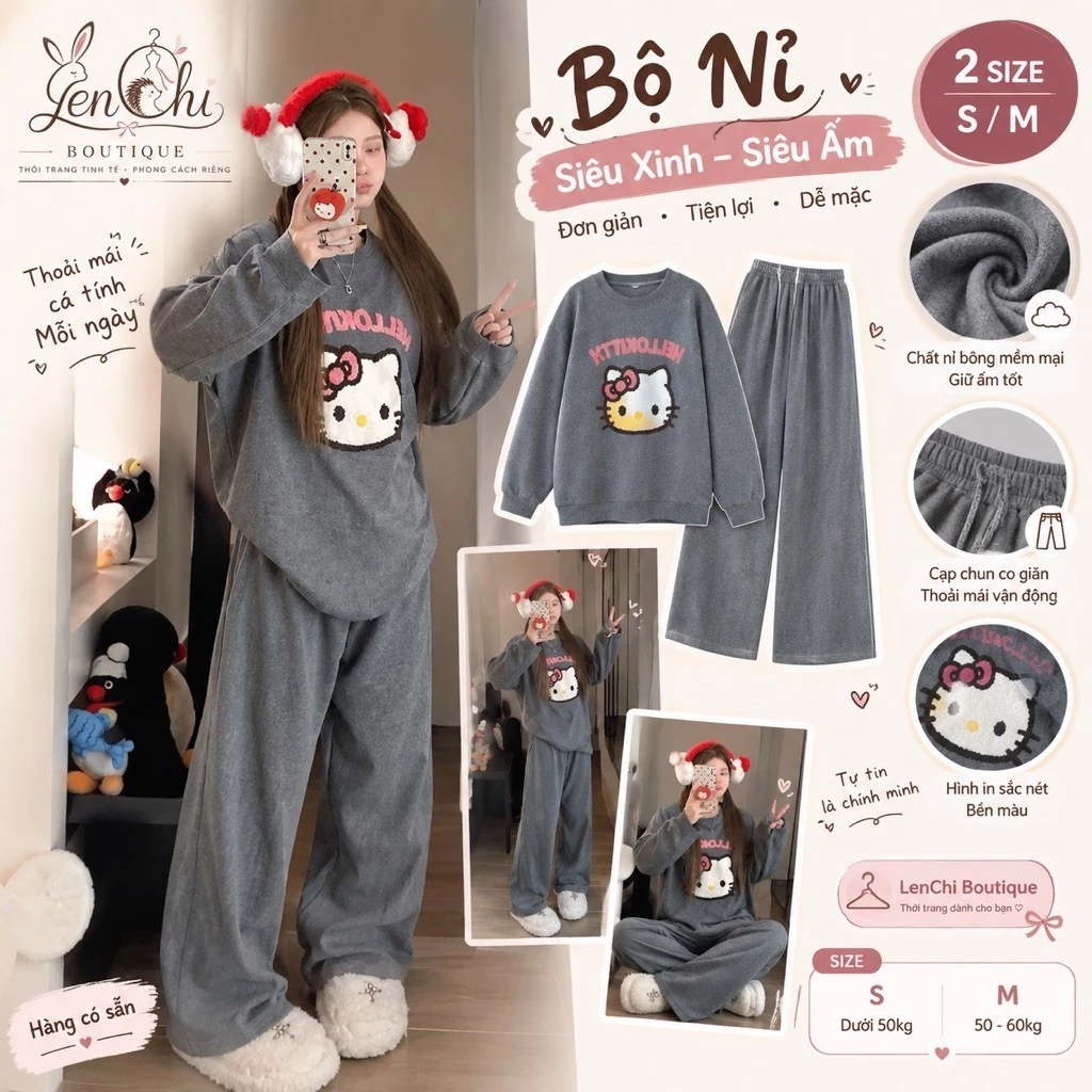 Set Bộ Nỉ Thêu Xù Kitty Màu Xám. Bộ Đồ Dài Tay Form Rộng Dễ Thương