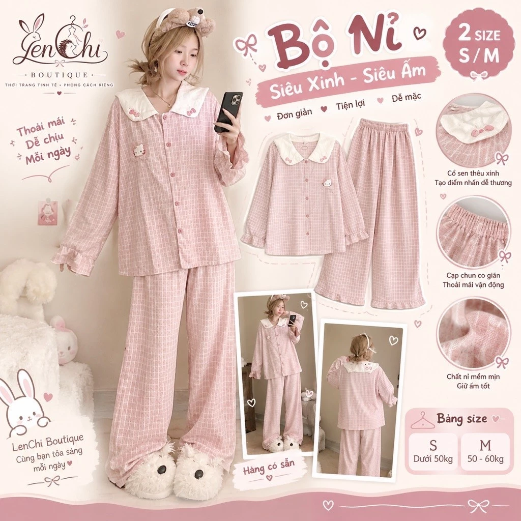 Bộ Đồ Nữ Dài Tay Kẻ Hồng Kitty, bộ pyjama mặc nhà thu đông quần dài, chất cotton mềm mát, họa tiết cute
