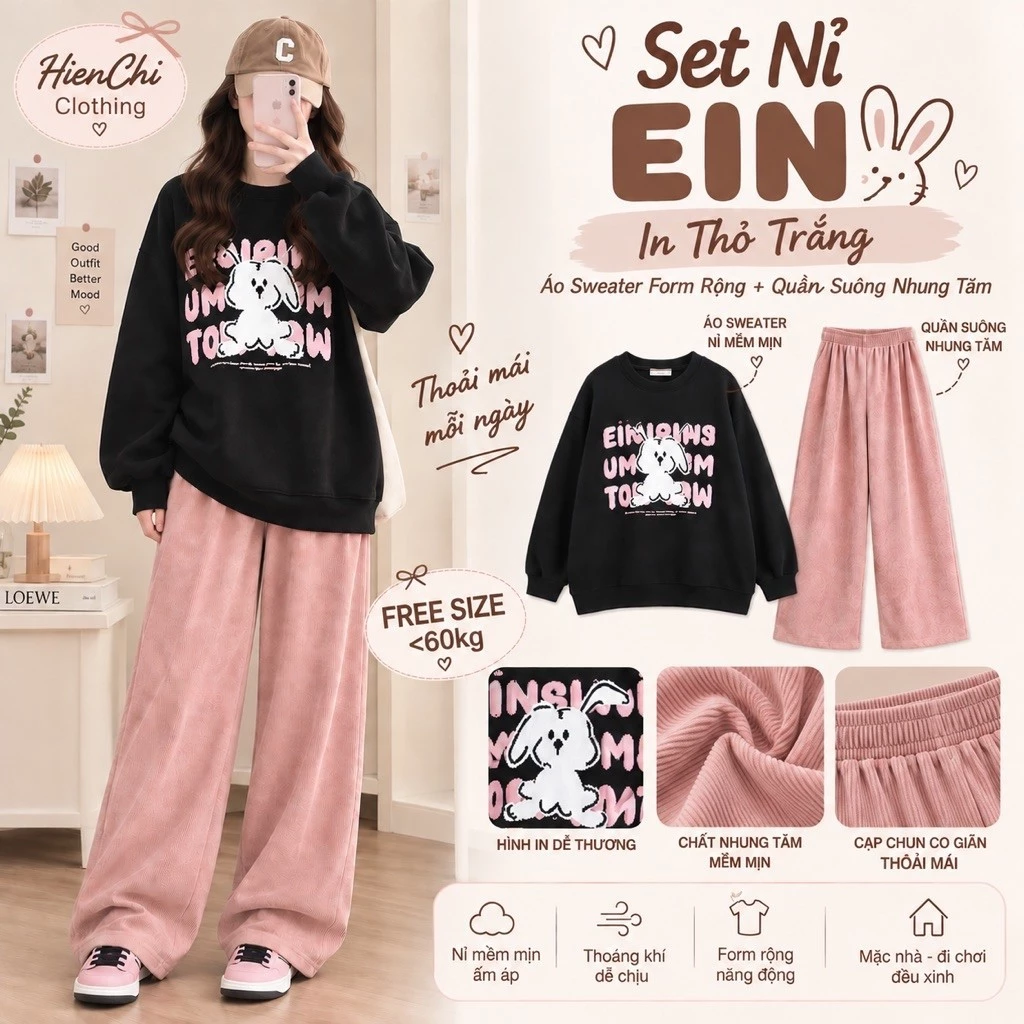 Set Nỉ EIN In Thỏ Trắng .Bộ đồ nữ áo sweater from rộng kèm quần suông nhung tăm phong cách Hàn Quốc Ulzzang