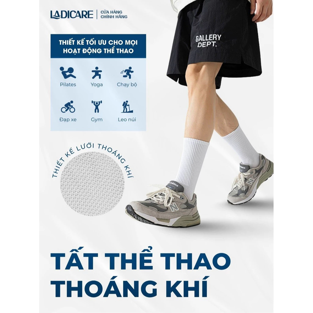 Tất cổ trung trơn nam nữ LADICARE cotton thiết kế lưới thoáng khí khử mùi, chống hôi chân, dày dặn êm ái