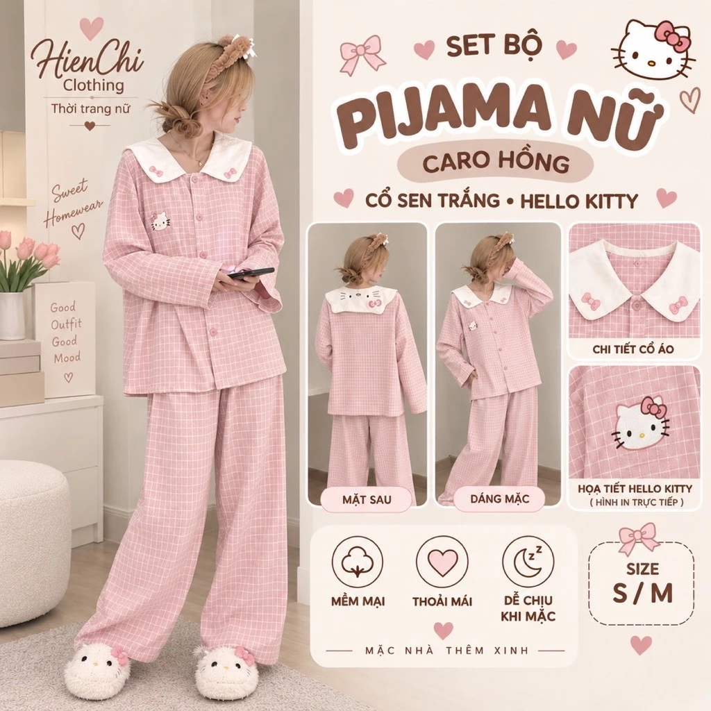 Bộ Pijama Nữ Thu Đông Dài Tay, Cổ Sen Trắng Hình Hello Kitty, Họa Tiết Kẻ Caro Hồng Nhạt Form Rộng