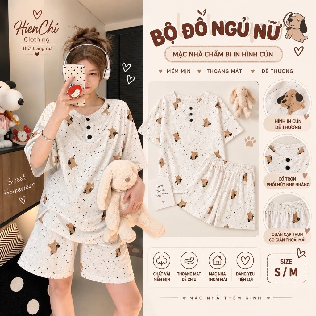 Bộ Đồ Ngủ Nữ Mặc Nhà Chấm Bi In Hình Cún Chất Cotton Co Giãn Form Rộng - Set Đồ Bộ Mùa Hè Tay Ngắn Quần Đùi Hack Dáng