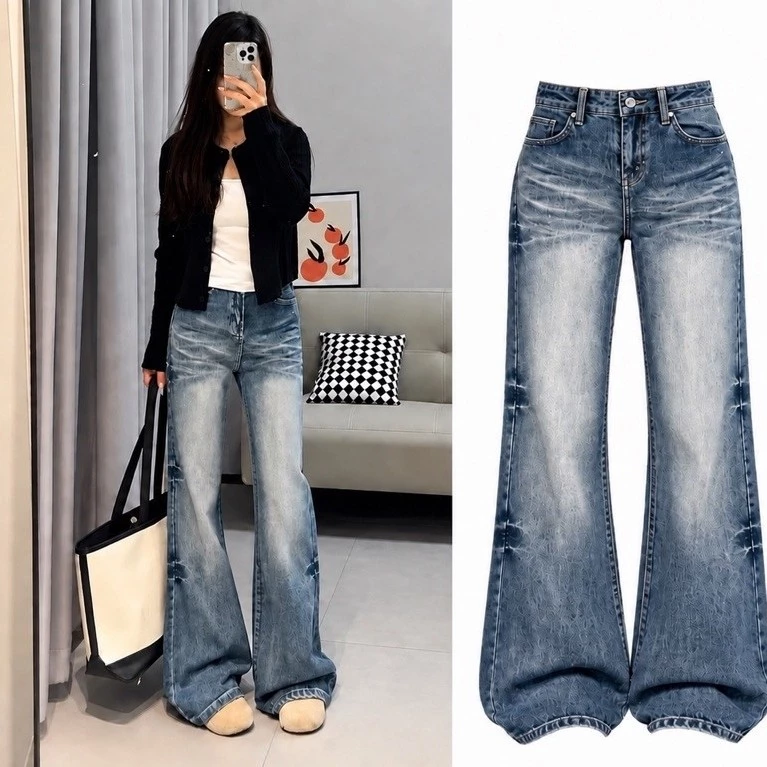 Quần jean cạp trễ loang bạc ống rộng retro cá tính, quần bò nữ ống rộng basic - BF