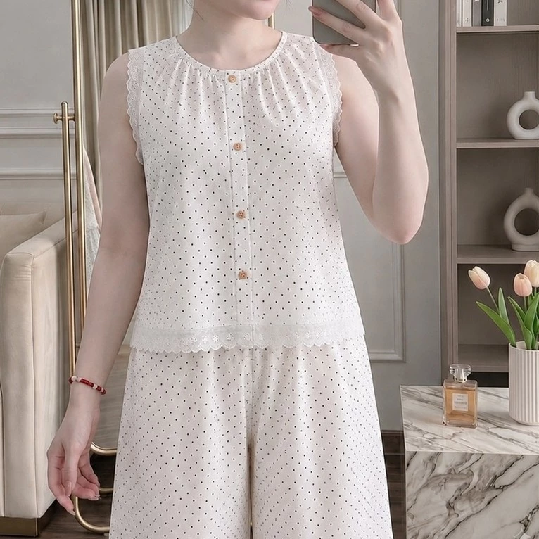 SÉT BỘ ĐỒ NỮ MẶC NHÀ CHẤM BI PHỐI REN – MỀM MẠI, XINH XẮN VÀ THOẢI MÁI B23