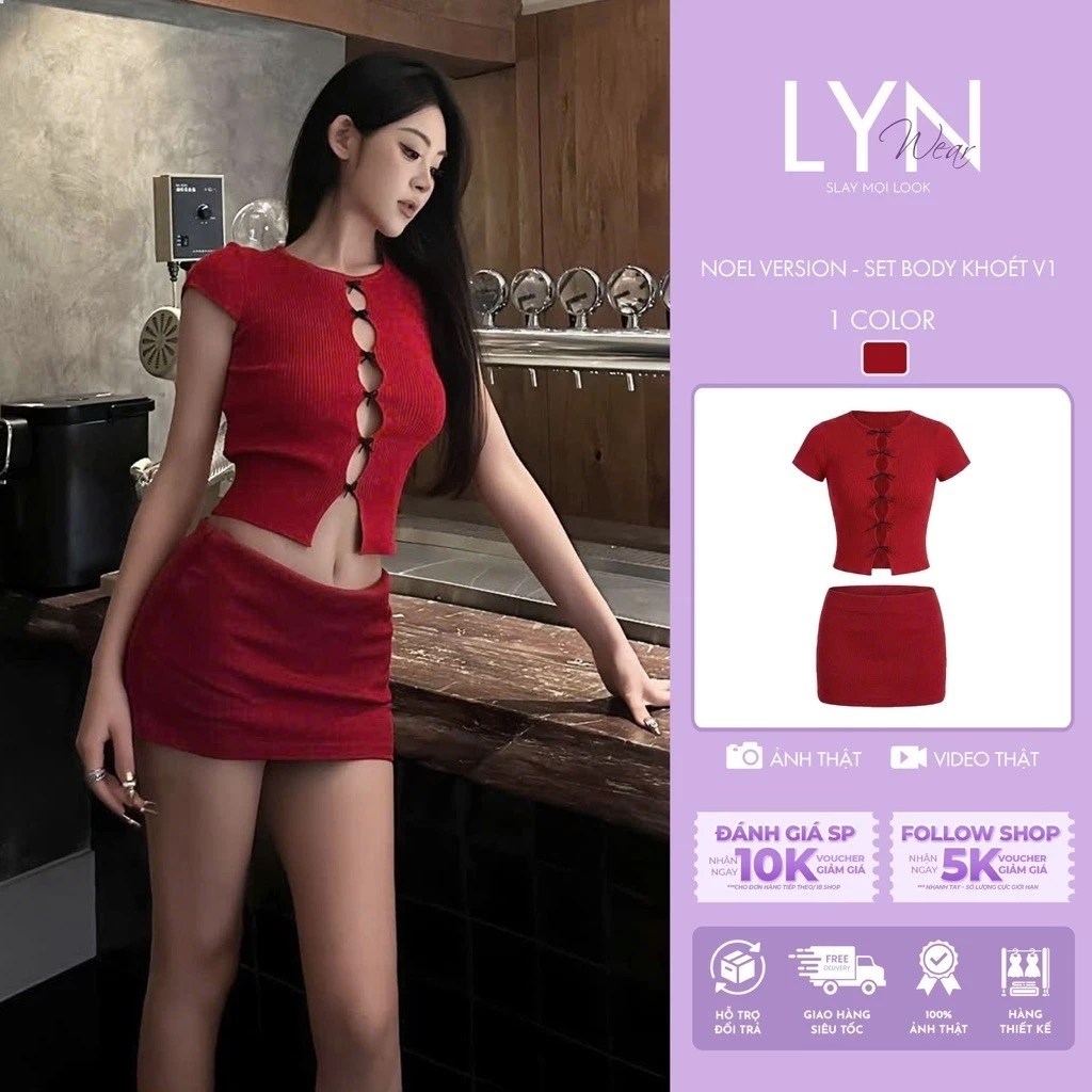 | LYN.WEAR | Set Áo Croptop Thun Gân Khoét Đính Nơ Kèm Chân Váy Mini Cạp Trễ Y2K
