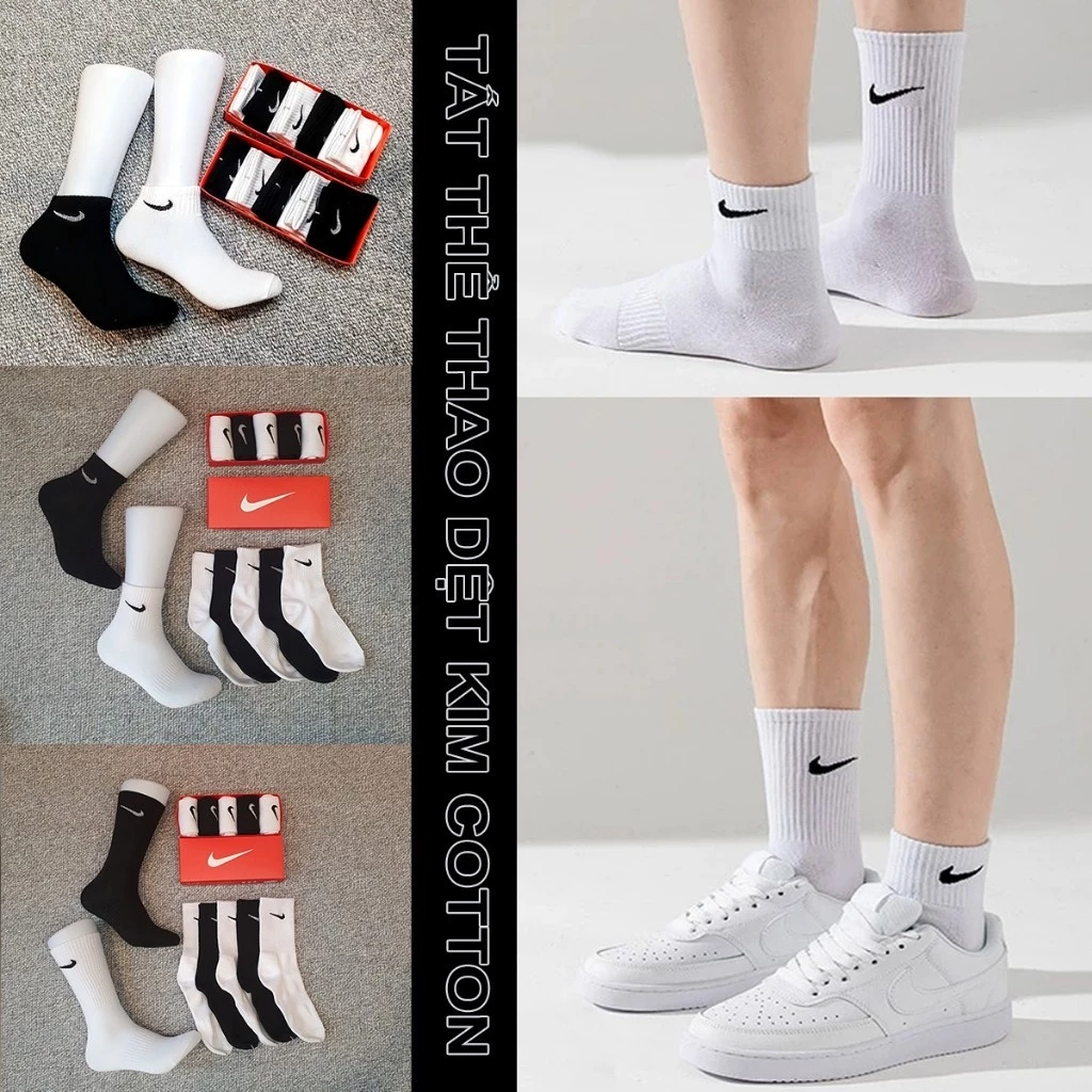 Tất thể thao HỘP 5 ĐÔI sợi cotton xuất dư dày dặn trắng sáng Logo sắc nét và không bị ngược chiều