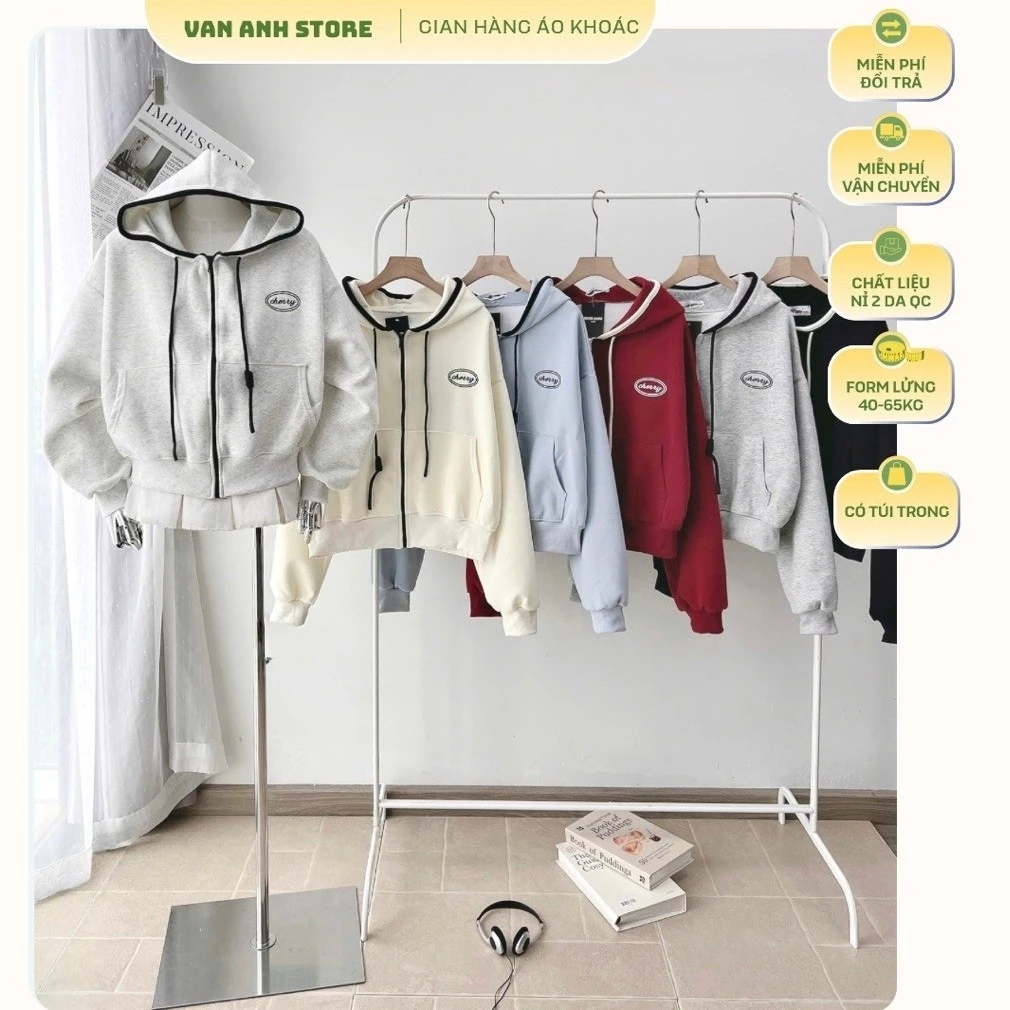 Áo Khoác Nỉ QC 2 Da Form Lửng Thêu CHERRY, Áo Khoác Form Ngắn 40-65kg Mặc Đẹp Vải Mềm Mịn Không Xù