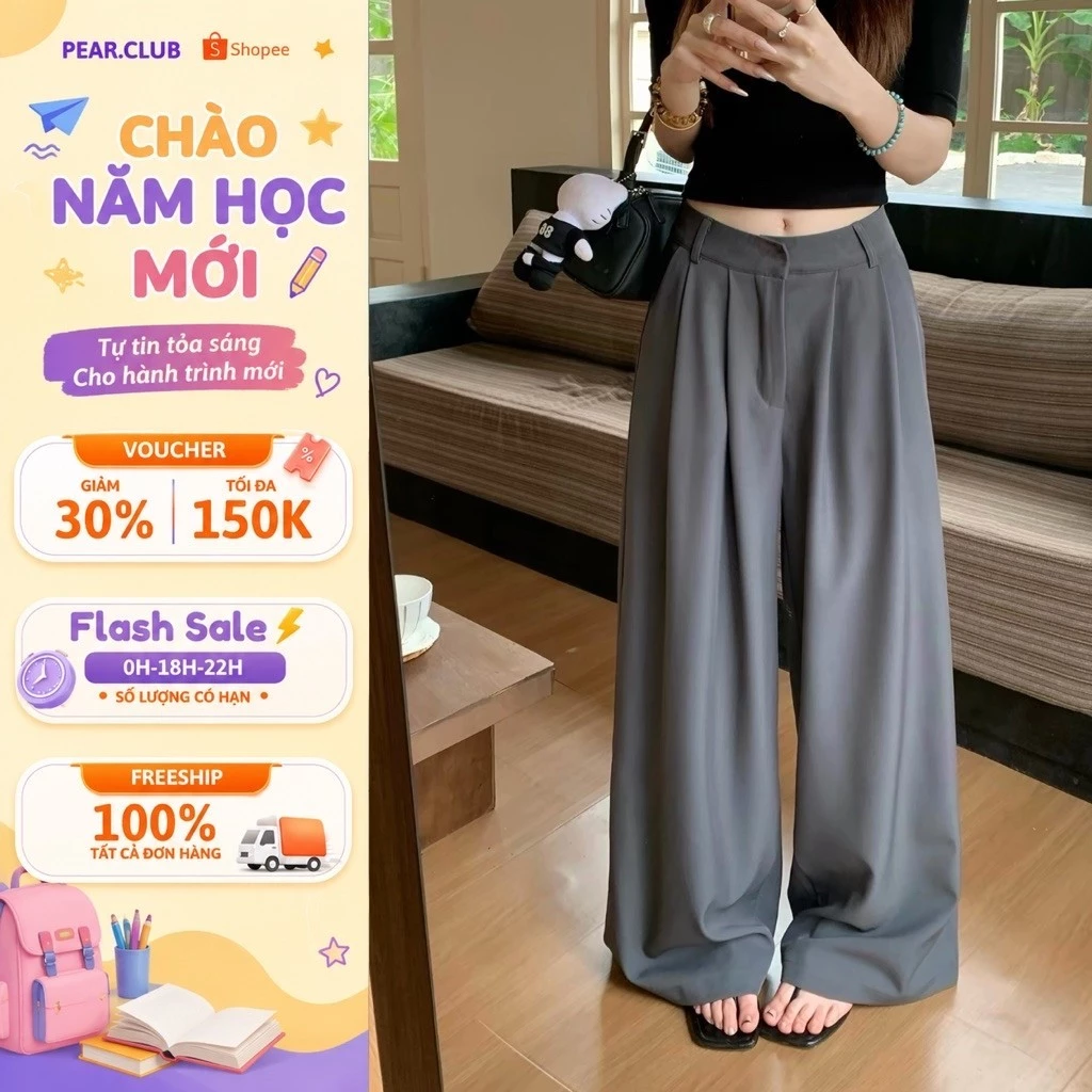 Quần tây ống rộng PEAR.CLUB Nữ Đen Xám Be cạp cao dáng suông dài hack dáng tôn dáng mặc đi học đi làm vải mềm mịn Q10