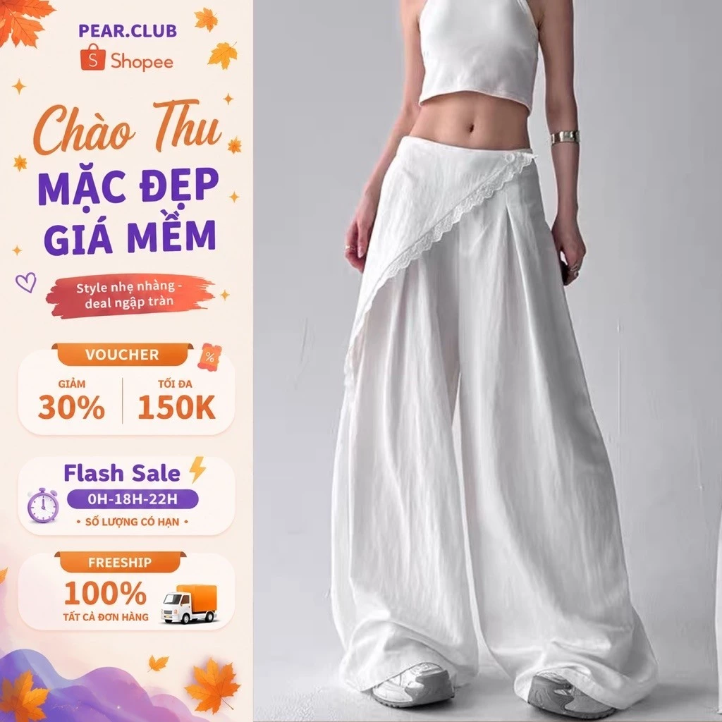 Quần ống rộng vải kaki nhẹ PEAR.CLUB, quần dài trắng cạp lệch viền ren dáng suông đi chơi, đi nhảy hè thu đông Q208