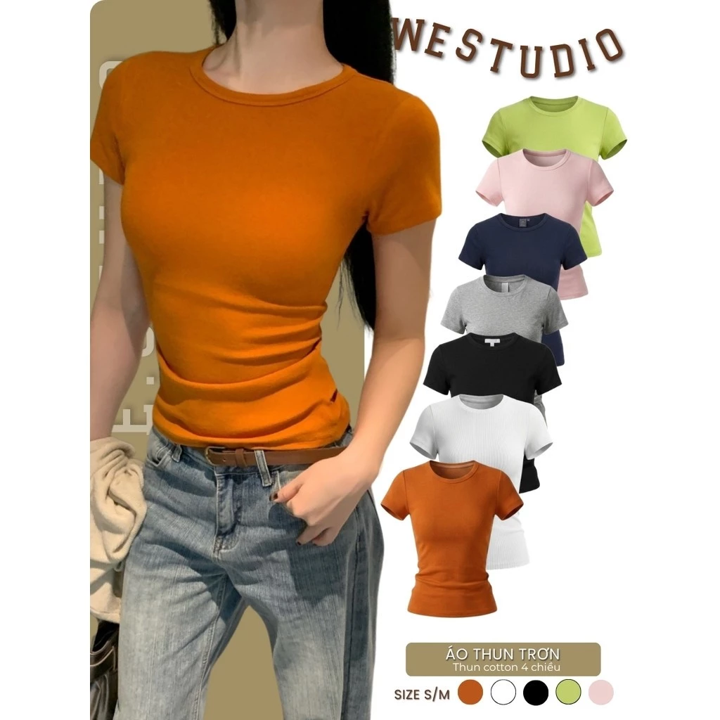 WGWE Studio Áo Thun Babytee Nữ Tay Ngắn, Áo Thun Trơn Ôm Body Lót Đệm Ngực Basic Hàn Quốc 8558