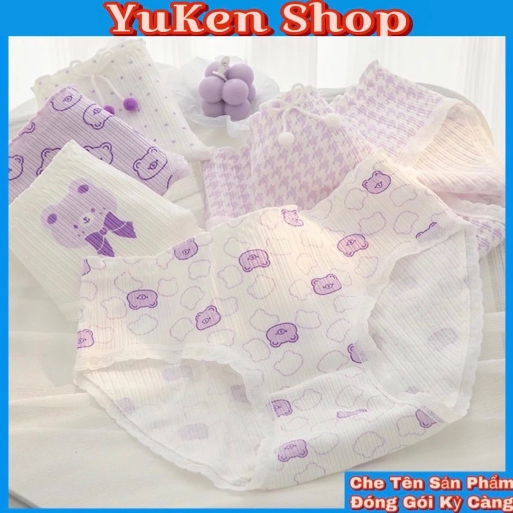 [ Combo ] Quần Lót Gấu Tím Cotton Cho Các Bé Gái-Quần Chíp Nữ Phối Viền Ren Siêu Xinh