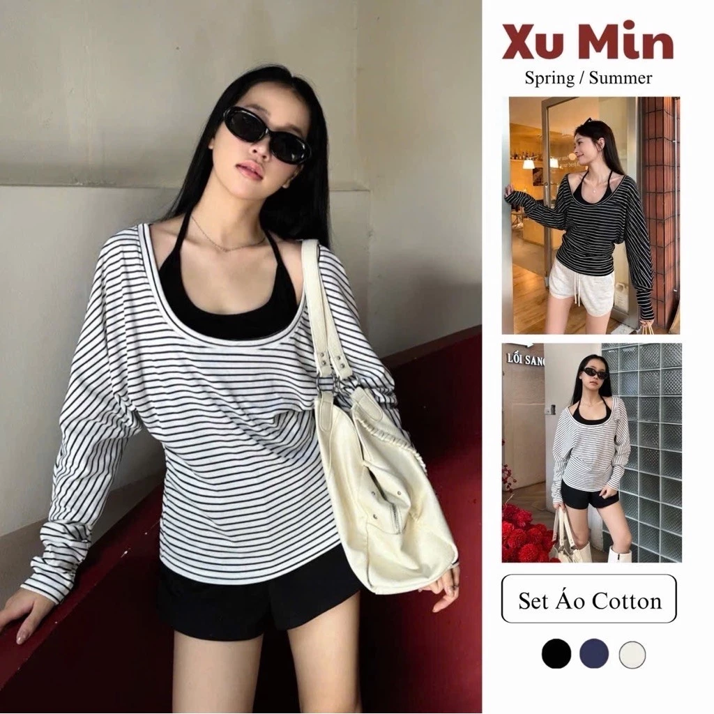 Set Áo Xumin Tách Rời ( Gồm Áo 2s + Áo Ngoài ) Chất Cotton Trendy Dáng Rộng ( Set Áo 2s Kẻ )