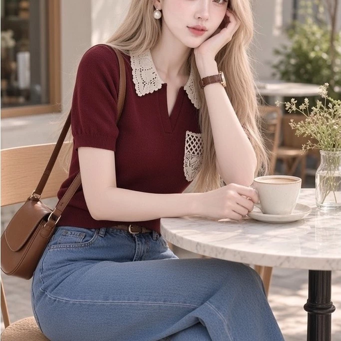 Áo Len Nữ Cộc Tay Cổ Bẻ Gắn Tag - Áo Polo Nữ Tính Trẻ Trung Hàng QCCC M768