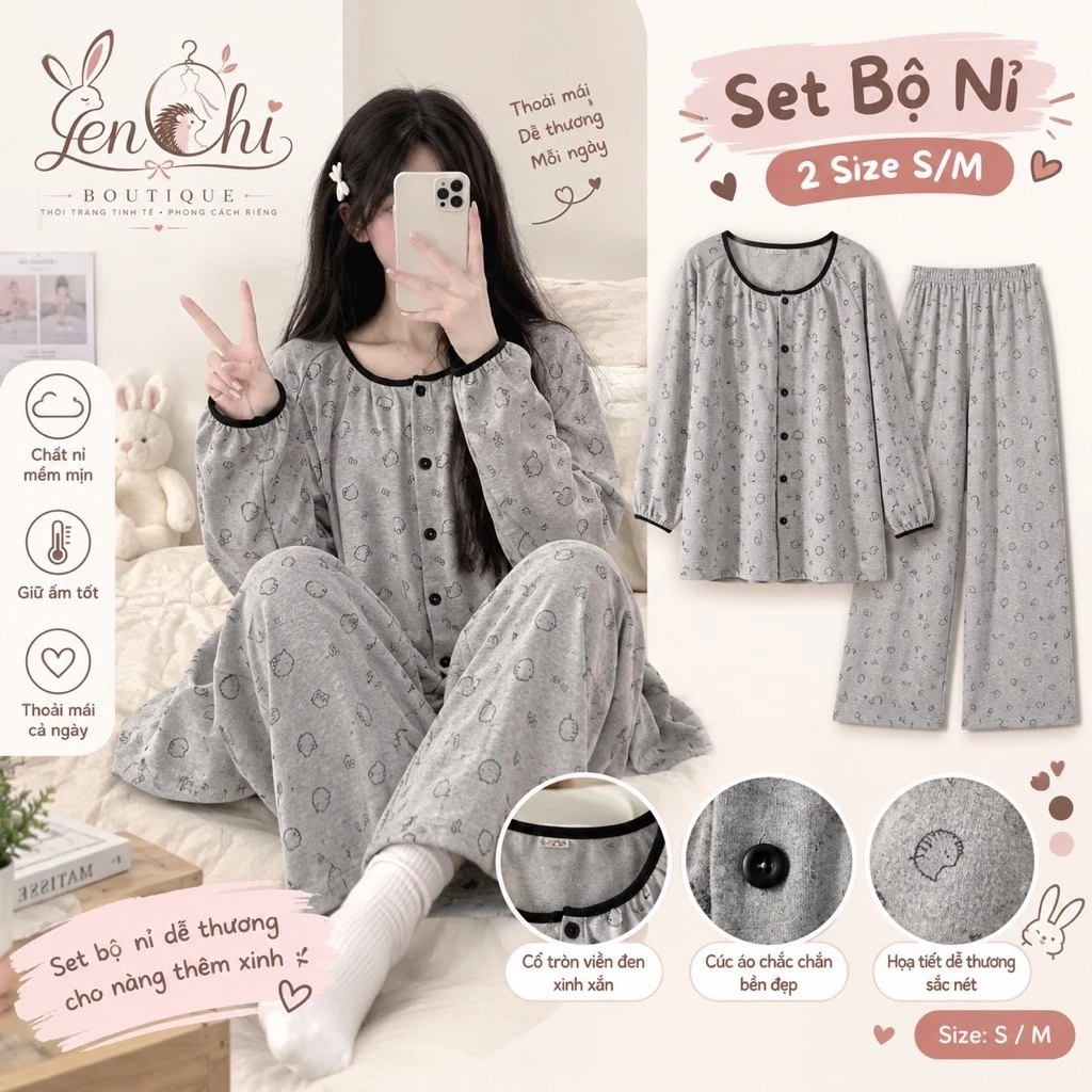 Set Bộ Nỉ Kitty Nơ Màu Xám Nữ. Bộ Đồ Dài Tay Form Rộng Dễ Thương