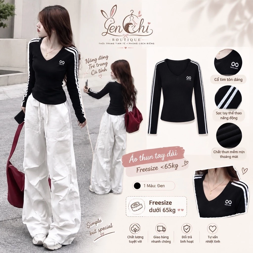 Áo thun dài tay cổ V 3 sọc thể thao, Áo ôm body nữ form croptop tôn dáng chất cotton co giãn phong cách Ulzzang