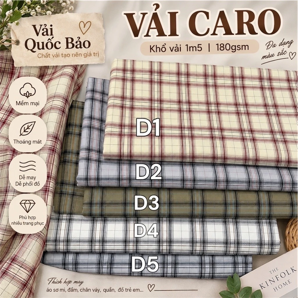 [Vải Quốc Bảo] Vải caro poly pha, phù hợp đầm, áo khoác sơ mi, quần, phụ kiện, tạp dề, gối, trải bàn