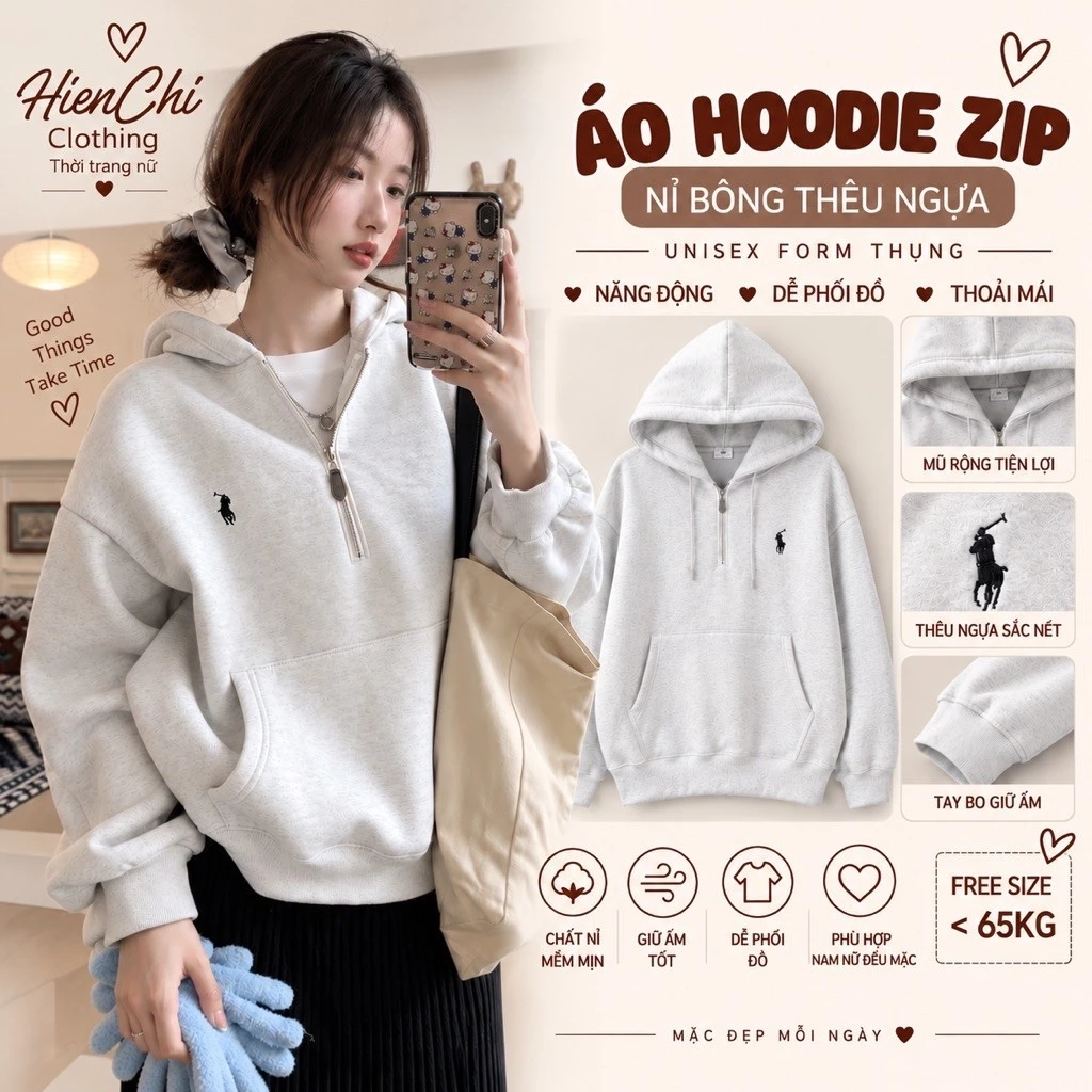 Áo Hoodie nam nữ nỉ bông khóa kéo thêu ngựa. Hoodie zip nỉ bông unisex form thụng hình thêu sắc nét