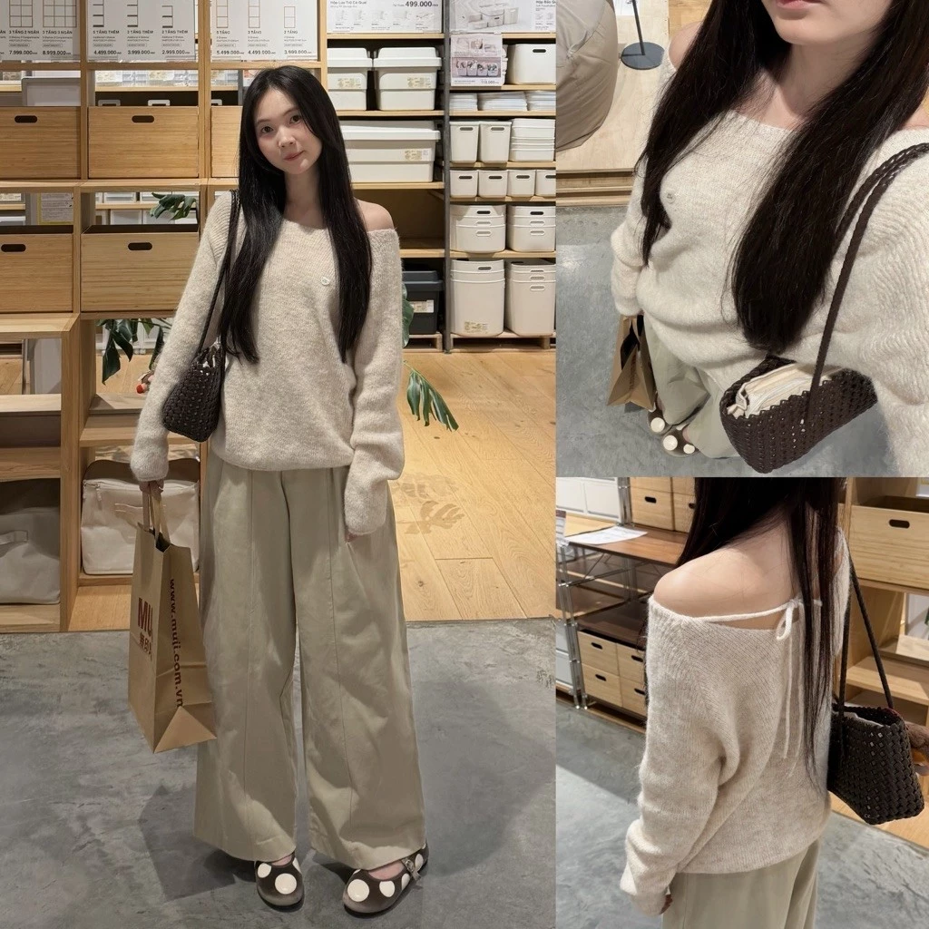 [Steezy] Áo len lông cừu muối tiêu bông mềm cổ U trễ vai dây nơ sau form rộng, áo len mềm dài tay cho nữ Hàn Quốc L3303