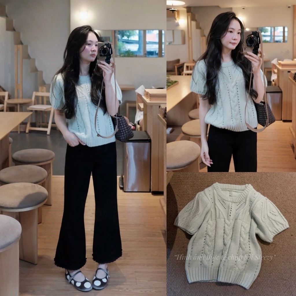 [Steezy] Áo len vặn thừng tay phồng phối vân tròn hoa văn form vừa- L6260