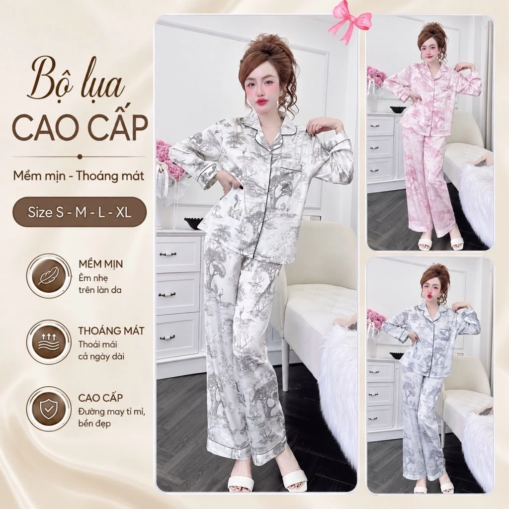 C2 Bộ pijama quần dài tay dài chất lụa Latin mềm mượt, thiết kế sang, mặc nhà thoải mái