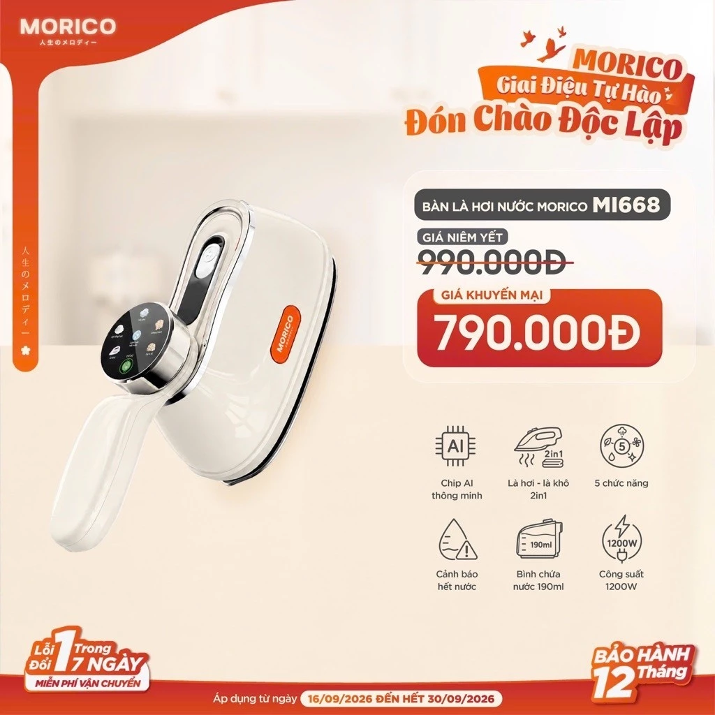 Bàn Là, Bàn Ủi Hơi Nước Cầm Tay MORICO MI668 1200W,Chế Độ Riêng Cho Từng Loại Vải , Là Hơi, Là Khô 2IN1,LED Cảm Ứng