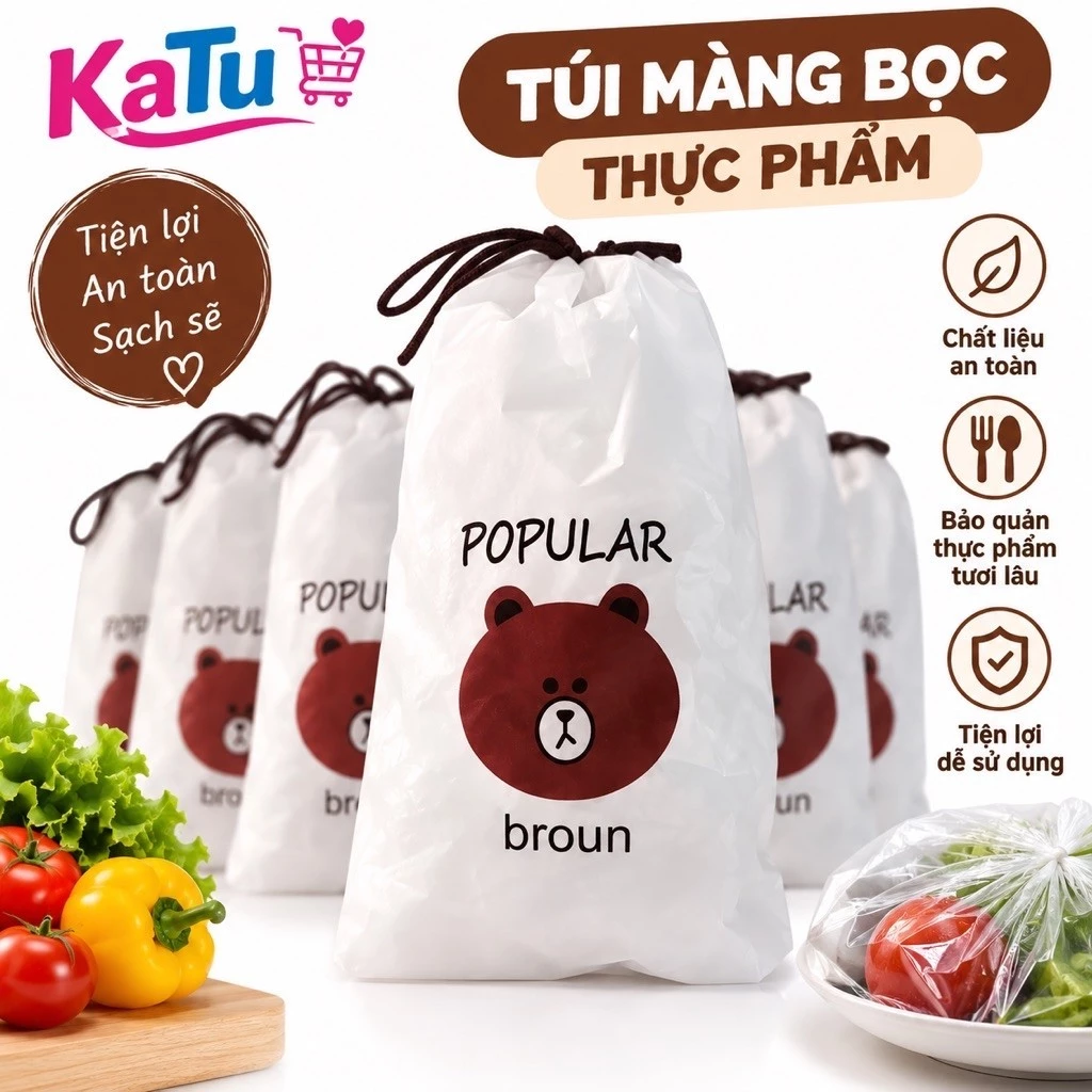 ComBo 10 Gói màng bọc thực phẩm chất liệu PE co dãn có chun siêu dai, Túi gấu bọc đồ ăn gia đình GDDA
