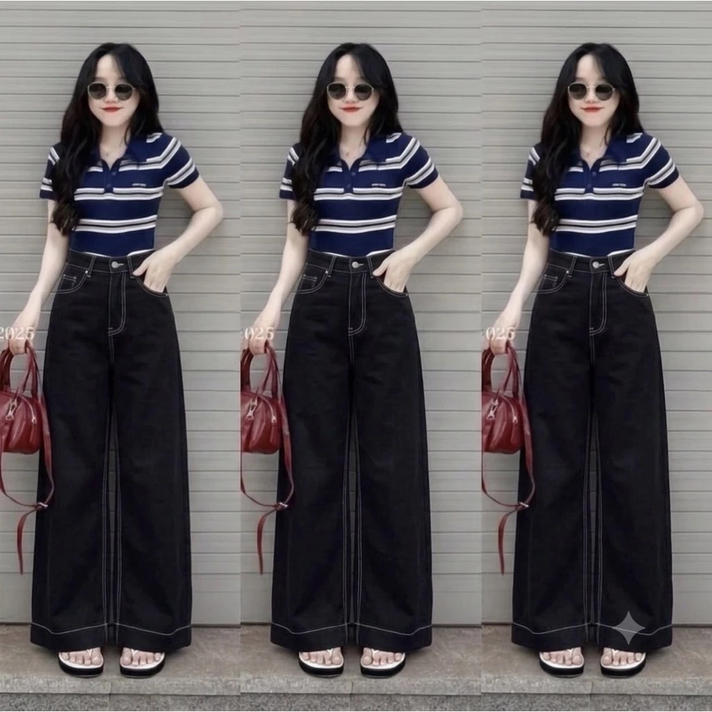 Quần jean suông Đen chỉ nổi gấu to chất denim thoáng mát cạp cao dễ phối đồ