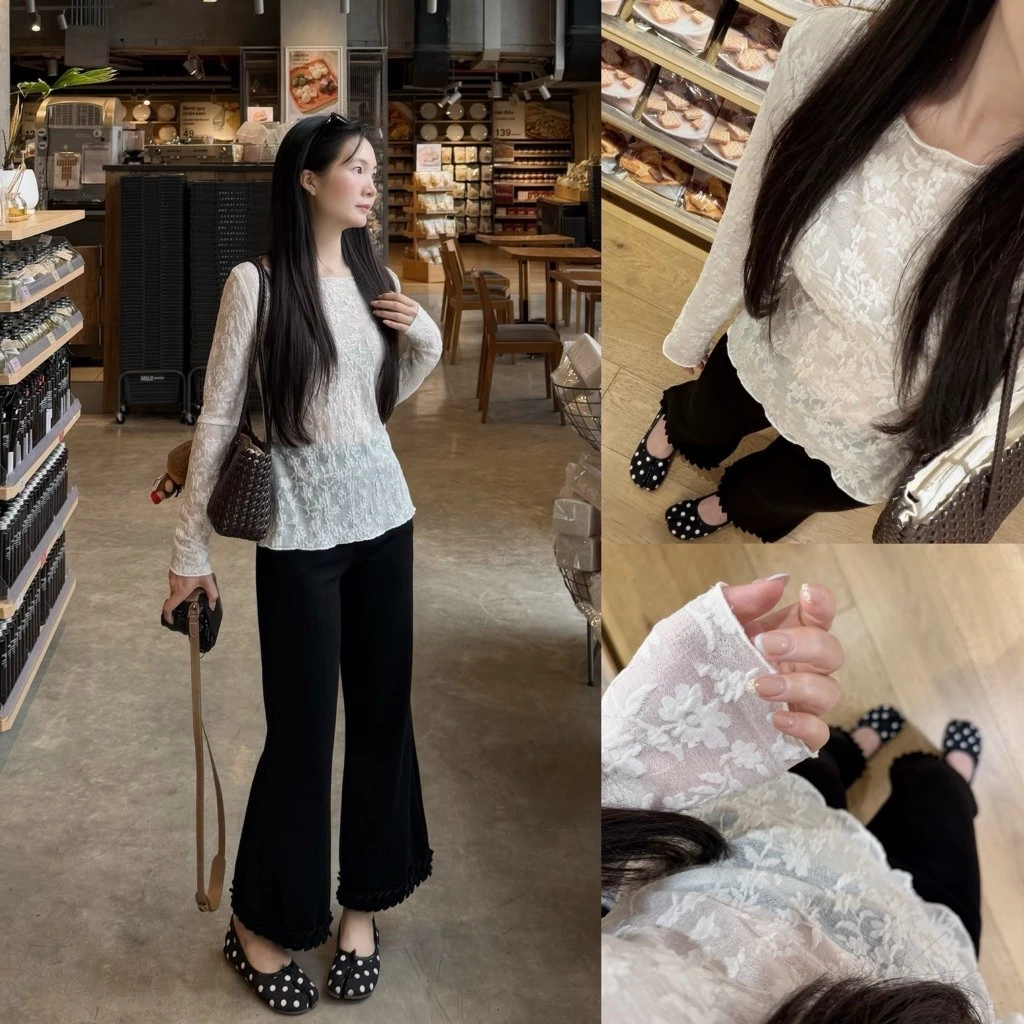 [Steezy] Áo zen hoa mềm co giãn chạy viền chỉ form ôm, áo ren hoa dài tay thu đông cho nữ phong cách Hàn Quốc Z1351