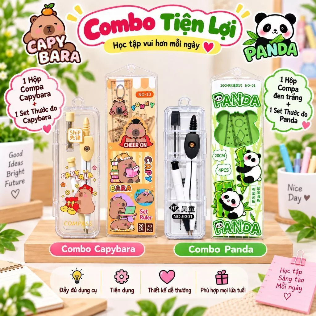 🌈 COMBO💝 COMPA + BỘ THƯỚC ĐO CAPYBARA / PANDA – DỤNG CỤ HỌC TẬP DỄ THƯƠNG, TIỆN LỢI