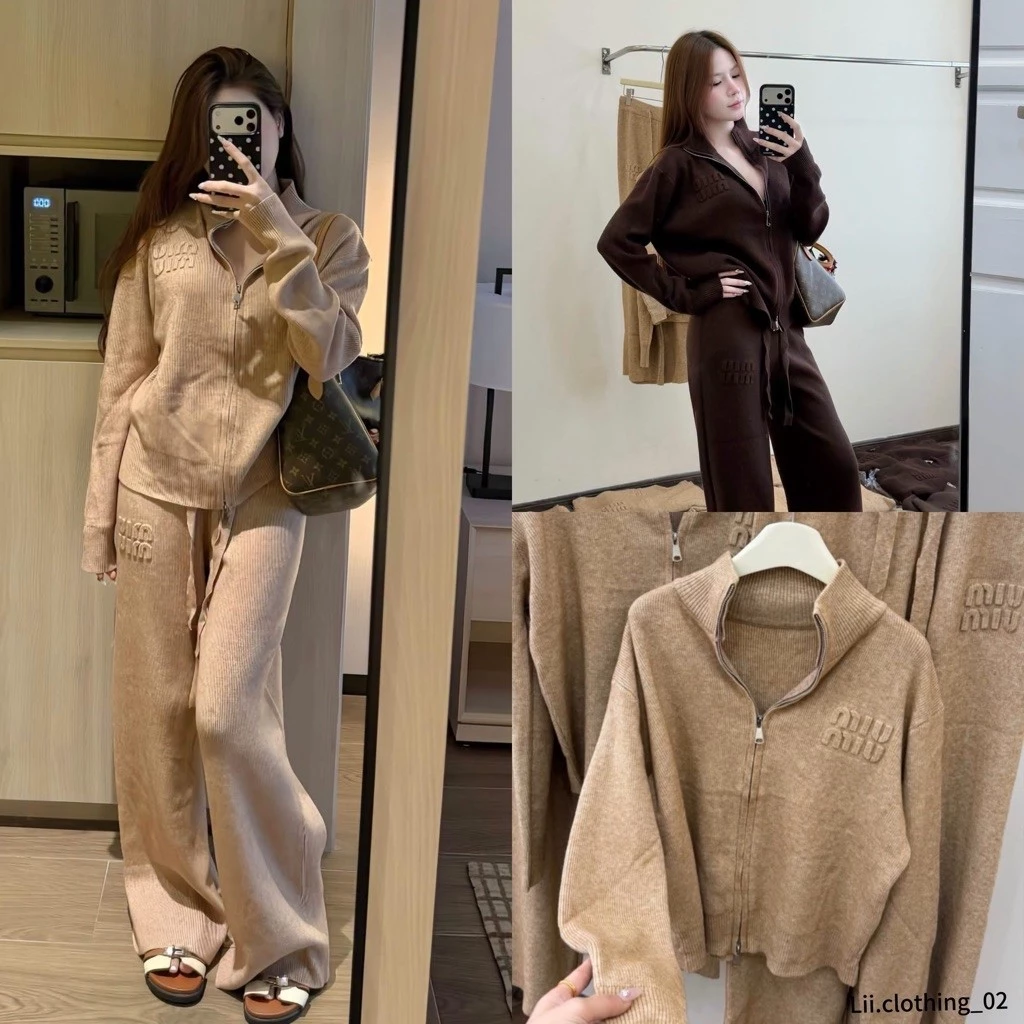 Set bộ len tăm nữ Miu.miu cao cấp - Áo khoác mix quần suông Hàng QCCC (kèm ảnh thật)