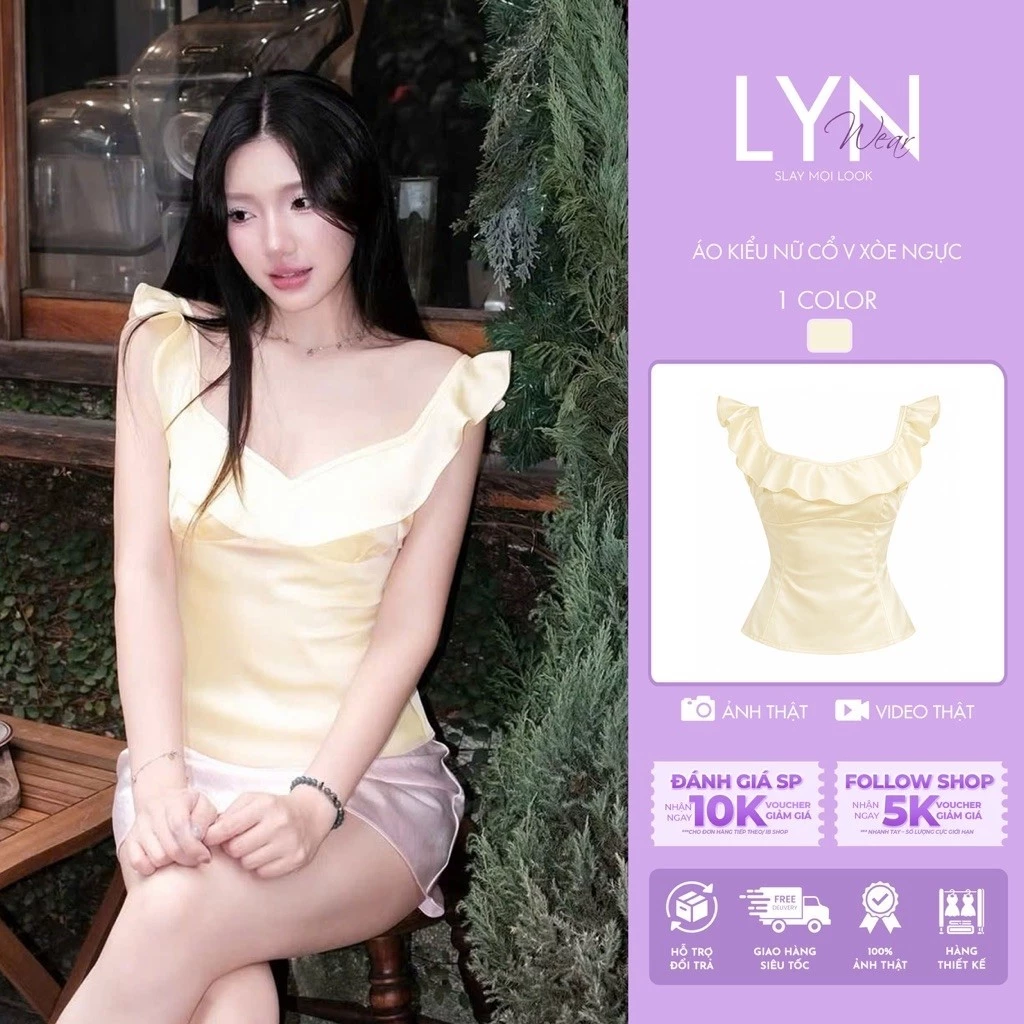 | LYN.WEAR | Áo Lụa Tô Châu Hai Dây Phối Bèo Cổ V Tay Cánh Tiên Nữ Thời Trang