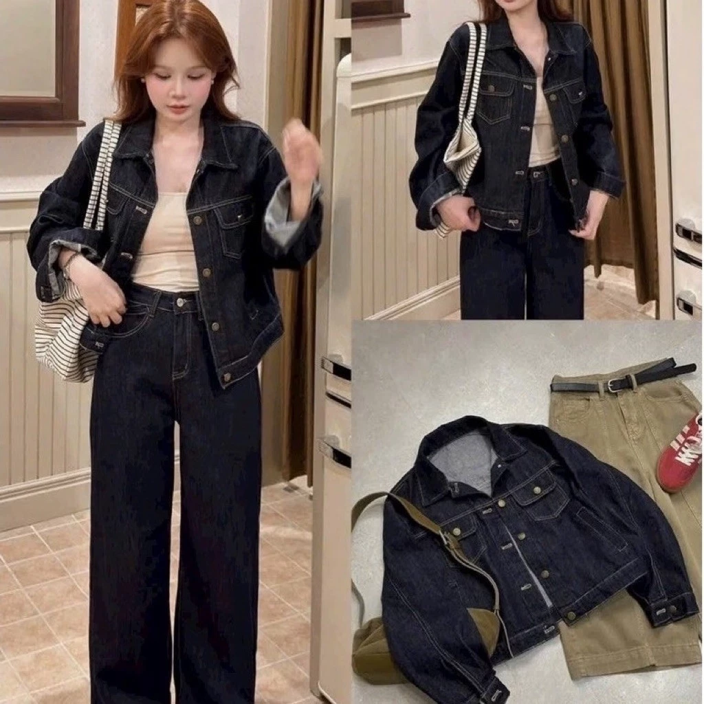 New - Áo khoác jean nữ dáng ngắn túi ngực màu denim trẻ trung năng động (sẵn)