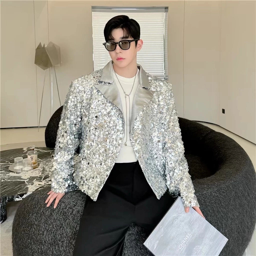 Áo Blazer Nam Sequin Lấp Lánh Phối Ve Da Bóng Thời Trang Dự Tiệc Sự Kiện Phong Cách Cá Tính