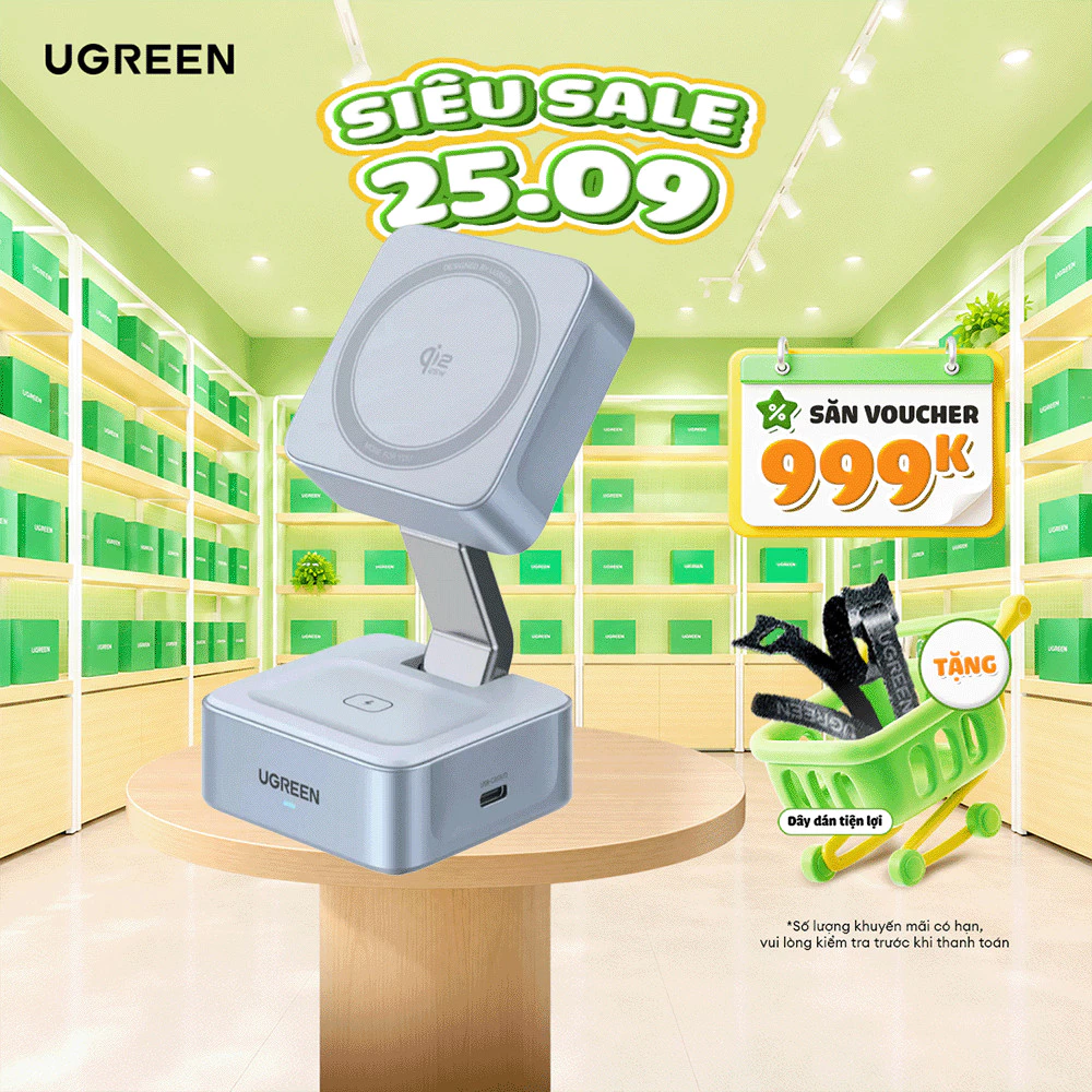 Đế sạc không dây từ tính 2 trong 1 UGREEN MagFlow | Chuẩn Qi2 25W | Tương thích MagSafe | BH 18 tháng 1 đổi 1 | 55960B