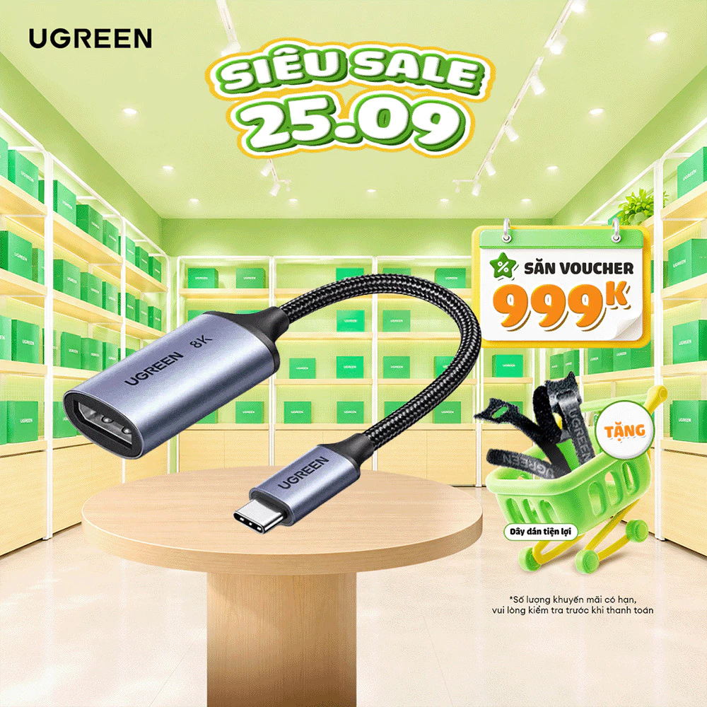 Cáp chuyển đổi USB Type-C to DP | Hỗ trợ 8K@60Hz chính hãng Ugreen | Bọc nhôm cao cấp | BH 18 tháng 1 đổi 1 | 15575