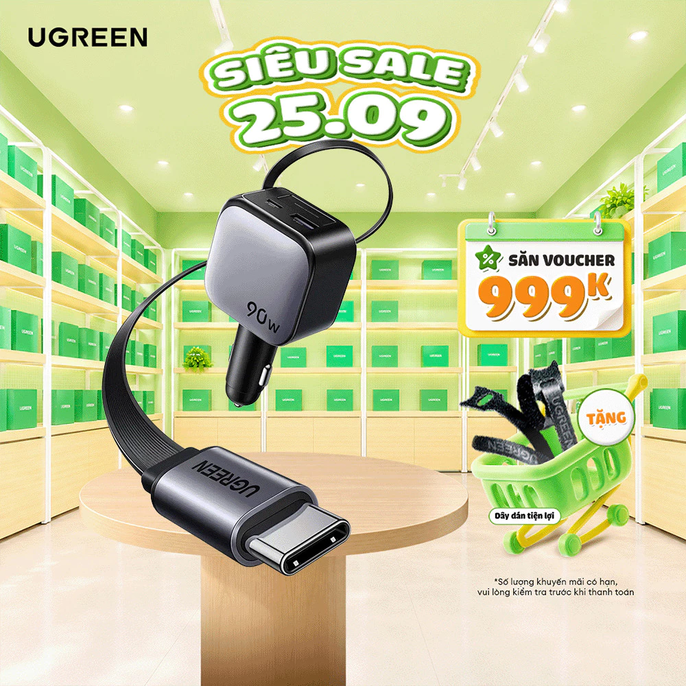 Ugreen Củ Sạc Ô Tô 90W | Dây Cáp Rút Tích Hợp USB-C | Sạc Nhanh PD QC 3 Cổng | BH 18 Tháng | 55909B