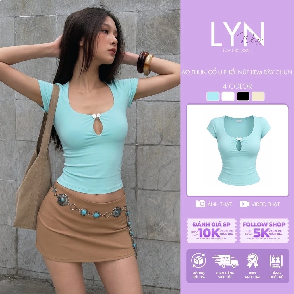 | LYN.WEAR | Áo Thun Nữ Cổ U Phối Nút Kèm Dây Chun Tay Ngắn Dáng Gọn