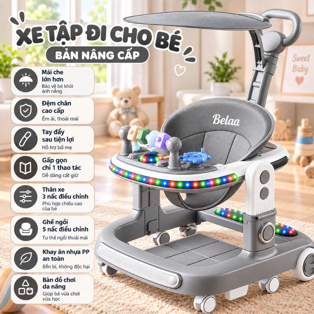 Xe tập đi chữ U BeLaa cho bé 3 trong -full đèn led- Chống Lật -chất lượng cao, có bánh xe và ghế ngồi, hỗ trợ bé tập đứn