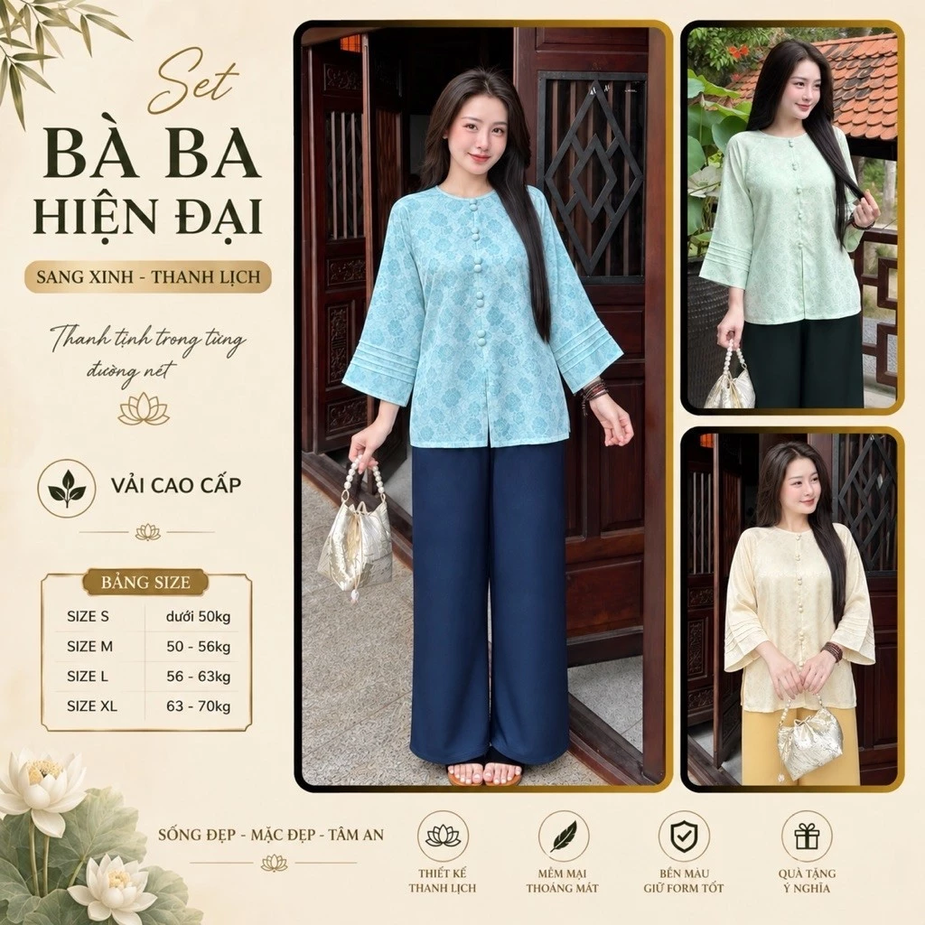 LAM04  Bộ bà ba phom suông hiện đại gấm 2 da mềm mịn ,thoáng mát , sang ,nhiều size
