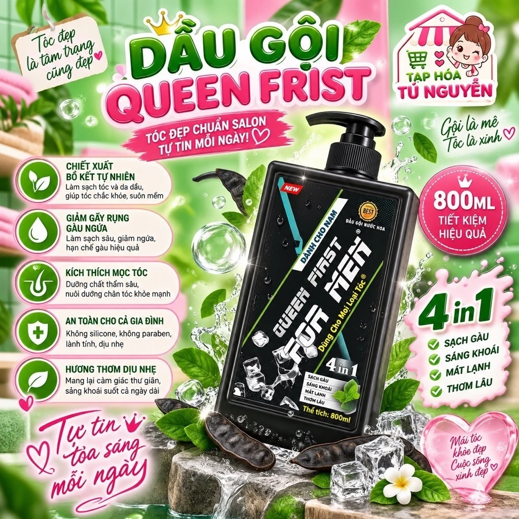DẦU GỘI QUEEN FRIST FOR MEN MÁT LẠNH BẠC HÀ 800ML - DƯỠNG TÓC, GIẢM RỤNG TÓC, NGỪA NẤM NGẪU NHIÊN MÀU