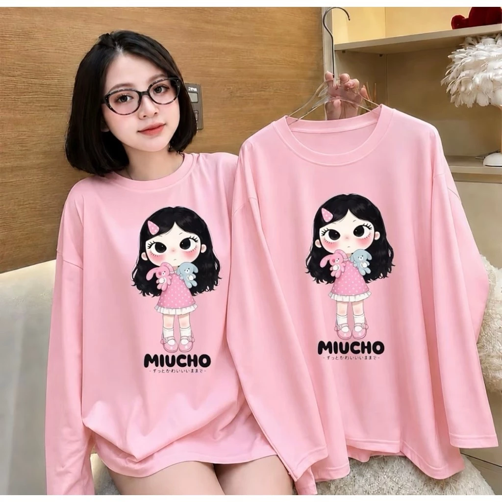 Áo thun nữ dài tay in hình cô gái Michu from rộng 35-55 kg