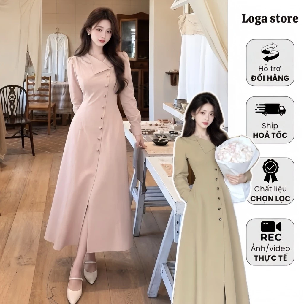 Váy Liền Thân Nữ Dáng Dài Tay Dài Cổ Chéo Cài Nút Dáng Xòe Thanh Lịch Nữ Tính Logastore_L160