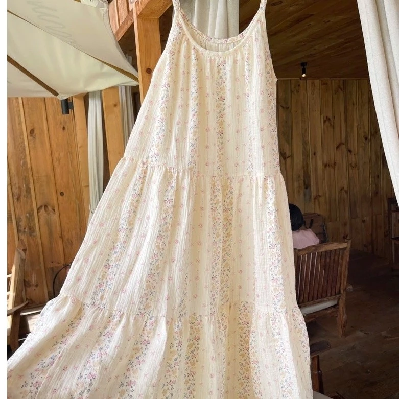 đầm 2dây xô muslin 3 tầng mặc nhà, đi chơi,du lịch,hoạ tiết hoa nhí dễ thương(có cập nhật màu mới) tặng SCrunchies