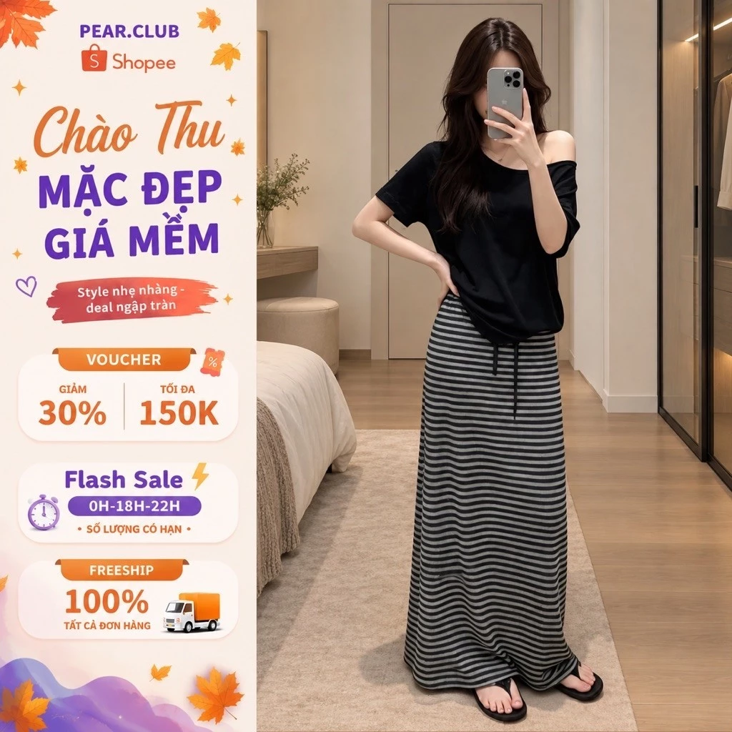 Chân váy kẻ ngang PEAR CLUB, Chân váy chữ A buộc dây tôn dáng co giãn đi chơi đi làm mùa thu đông V05