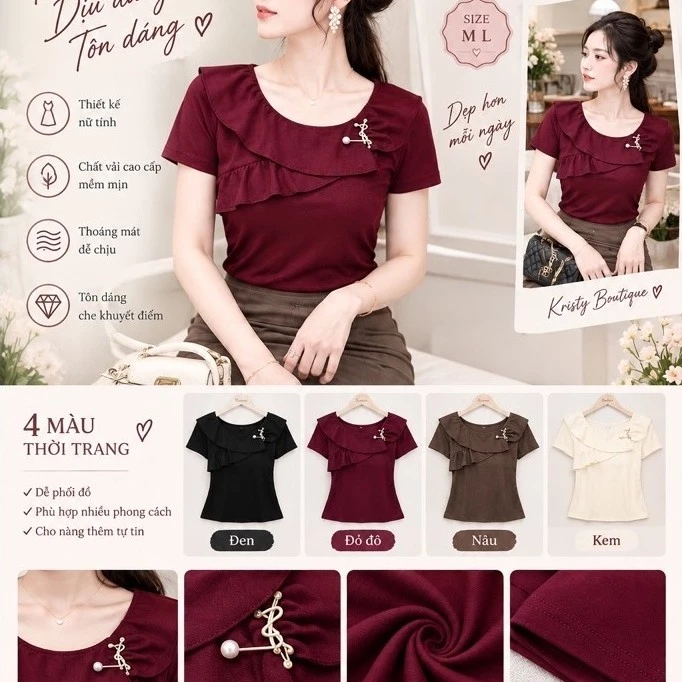 Áo Thun Nữ Cổ Tròn Phối Bèo & Phụ Kiện Ngọc Trai Sang Chảnh - Phong Cách Hàn Quốc ✨