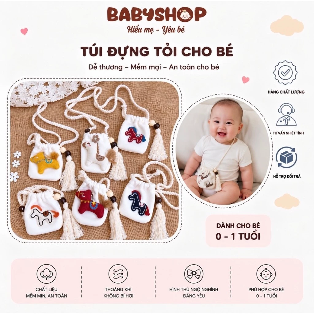 Túi Tỏi Đeo Cổ Hình Ngựa Vải Nỉ Hai Da Kèm Tua Rua Cho Bé Sơ Sinh