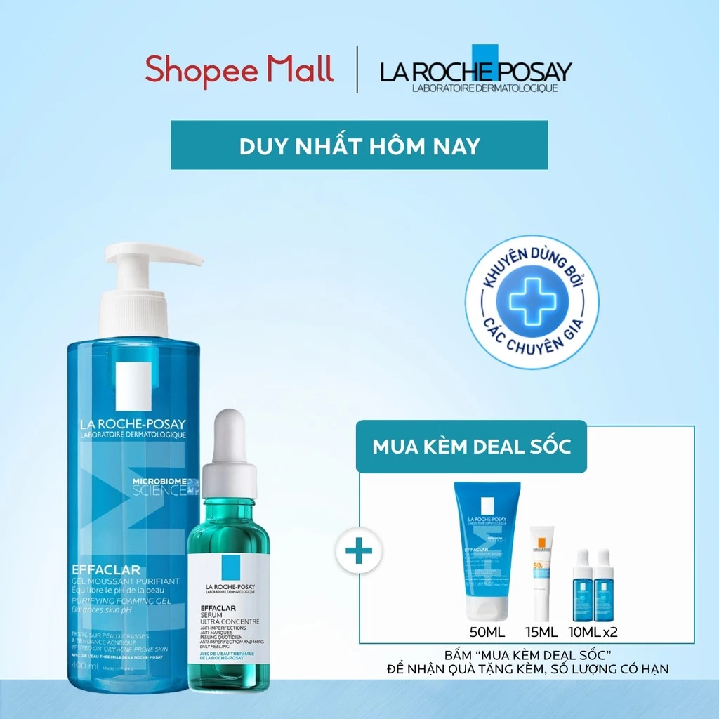 [VB] Bộ đôi làm sạch & giảm mụn La Roche-Posay Effaclar Foaming Gel 400ml & Effaclar serum 30ml