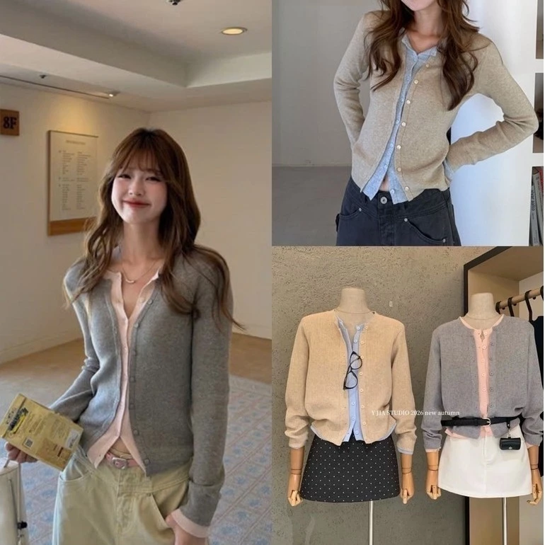 Áo Len YJIA 605 Phối Layer Mix Màu 2 Lớp (Hàng Chuẩn Tag Yjia studio) Áo Len Cardigan Mùa Thu Đông