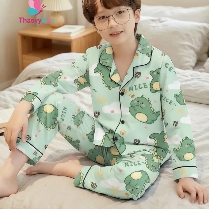 Bộ pijama bé trai vải lụa Mango họa tiết khủng long dễ thương | Đồ ngủ trẻ em cao cấp, mềm mát, mặc ở nhà