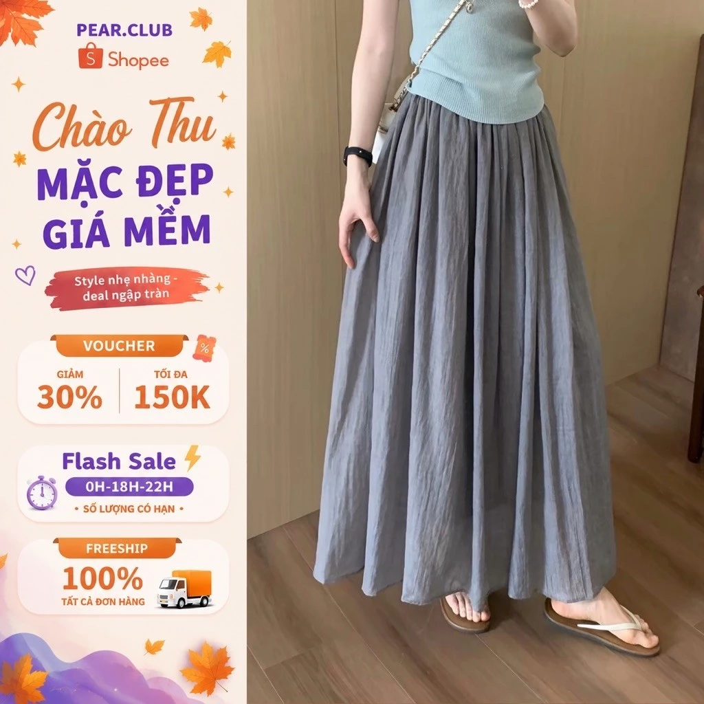 Chân Váy Dài Nữ Dáng Xòe PEAR CLUB, Chân Váy Maxi Lưng Thun, Vải Tơ Nhăn Mềm Mát Phong Cách Hàn Quốc Đi Chơi Đi Làm V12